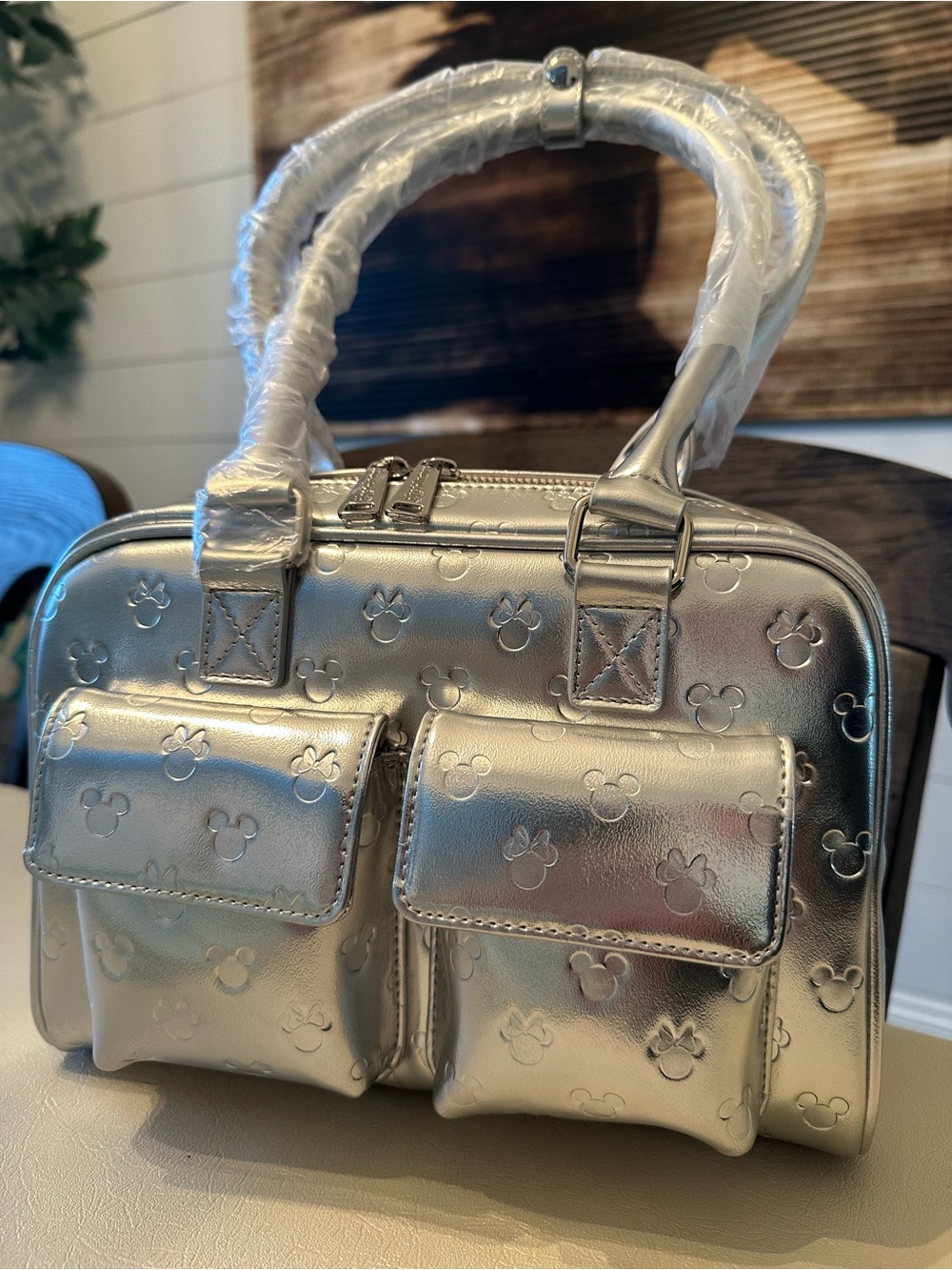 Disney Metallic Silver Purse with Embossed Mickey Pattern
